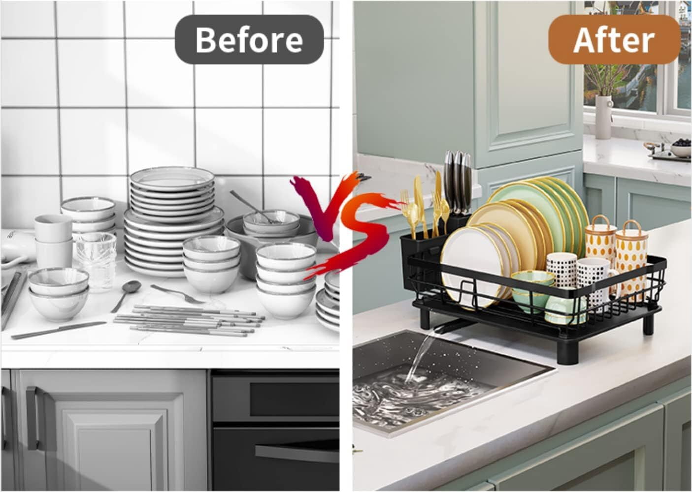 RUseeN Dish Drying Rack, Dish Dryer Rack, Counter Sink Adjustable Spout Dish Strainers Utensil Holder Cup Holder with Drainboard Dish Drainers for Kitchen Organization Decor