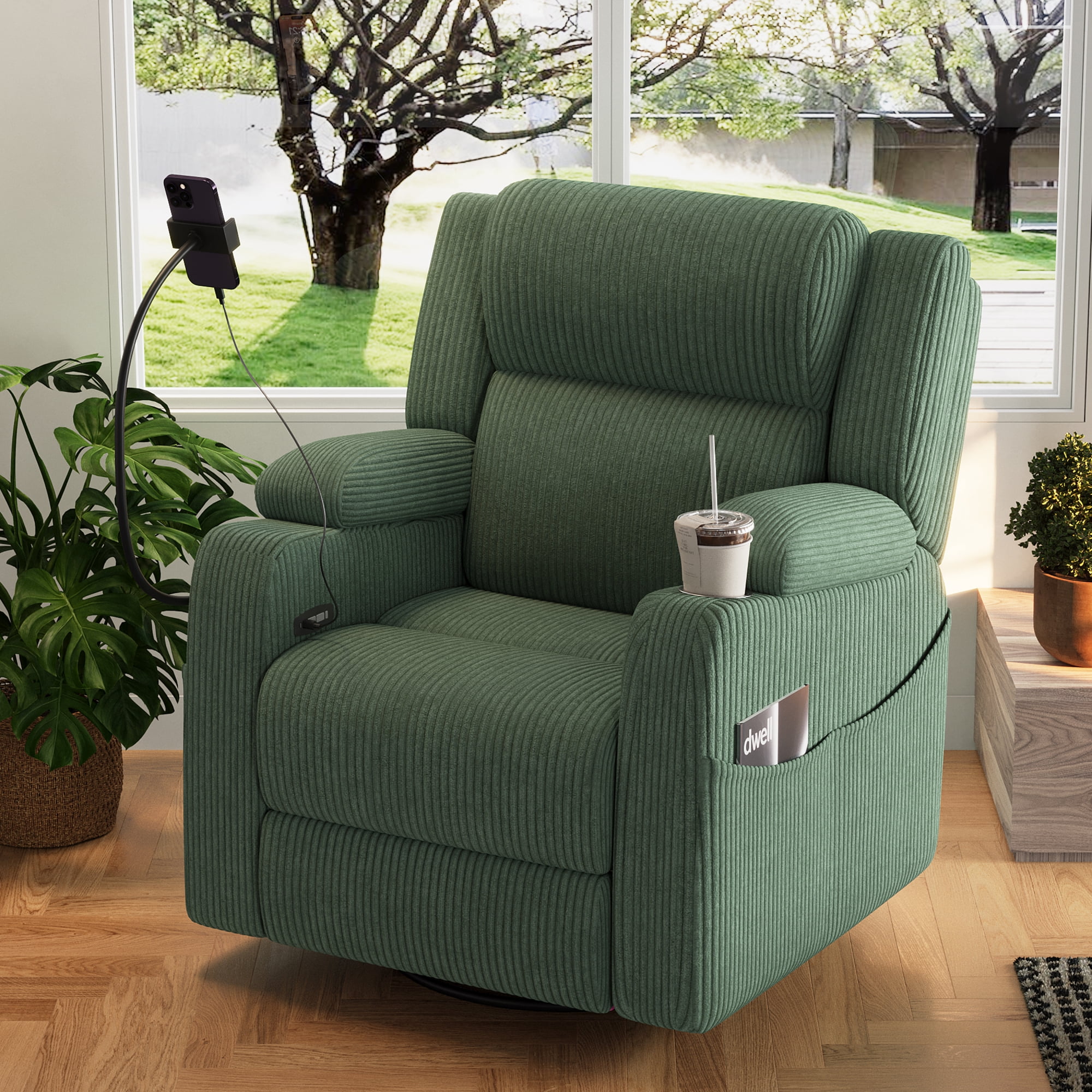 Leumius Recliner Chair with Heat and Massage,270° Swivel Rocker Recliner with Phone Holder & USB Ports,Single Rocker Sofa Nursery Glider with Hidden Storage, Side Pockets, Cup Holder,Green