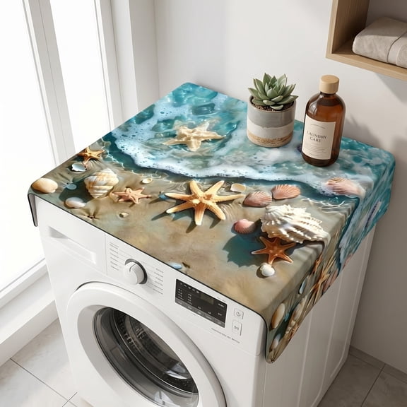 Cififendec Beach Washer Dryer Top Cover, 27.6", Ocean Themed Non-Slip Rubber Backing Waterproof Dust-Proof Refrigerator Washing Machine Protector Mat for Summer Laundry Room Decor