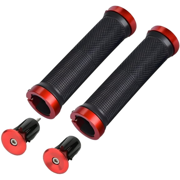 JacobsParts Double-Sided Aluminum Locking Bicycle Mountain Bike Handlebars Grips with Alloy Bar End Plugs, Red