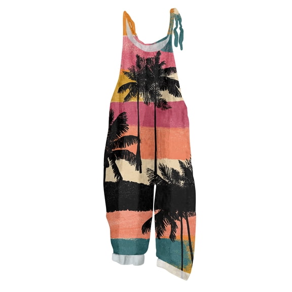 JULMCOMO Cotton Linen Plus Size Jumpsuits for Women Spaghetti Strap Hawaiian Floral Print Summer Outfits Sleeveless Casual Rompers Orange L
