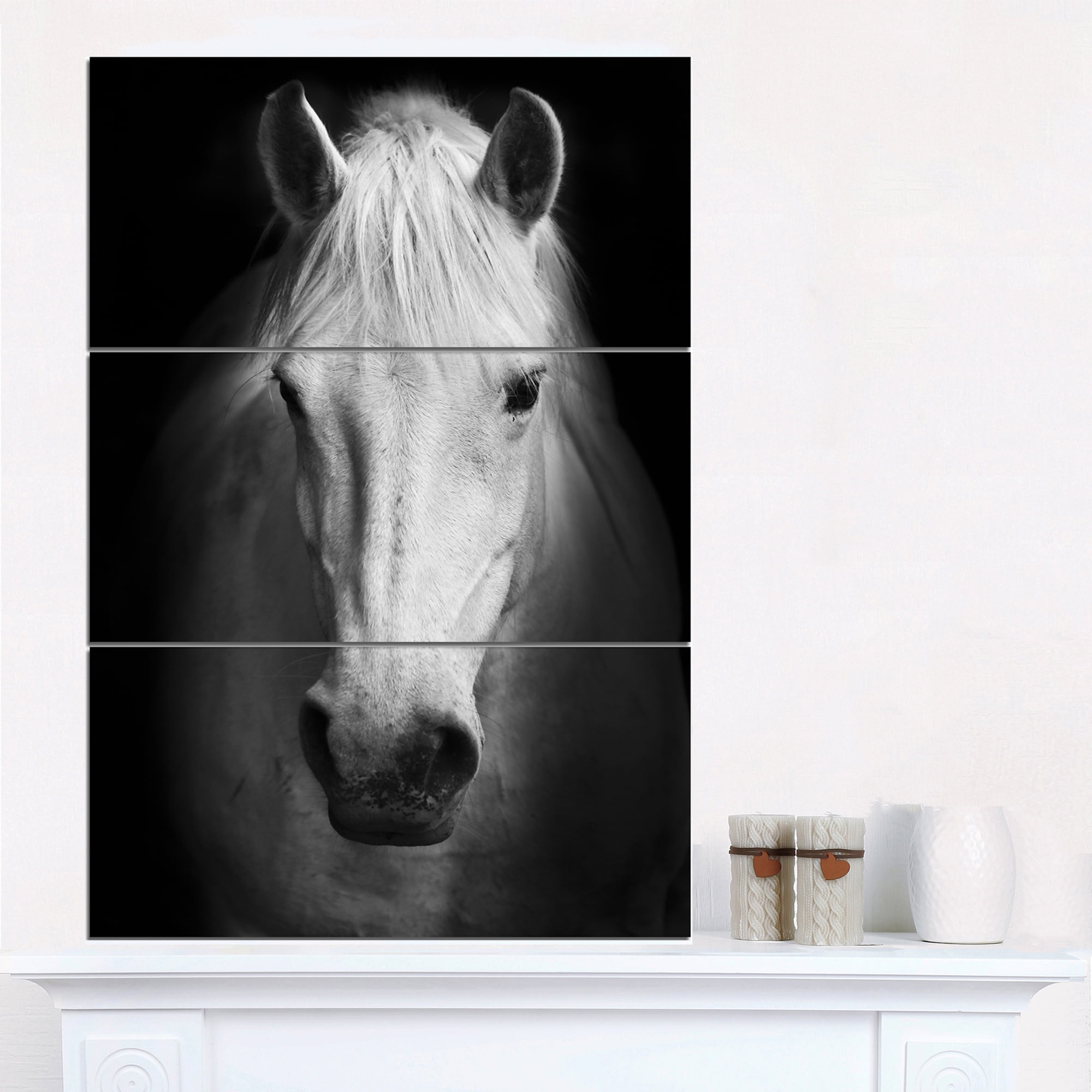 Designart 'White Horse Black and White ' Animal Canvas Art Print