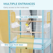 PawHut 55 2 In 1 Bird Cage Aviary Parakeet House for finches, budgies with Wheels, Slide-out Trays, Wood Perch, Food Containers, Light Blue