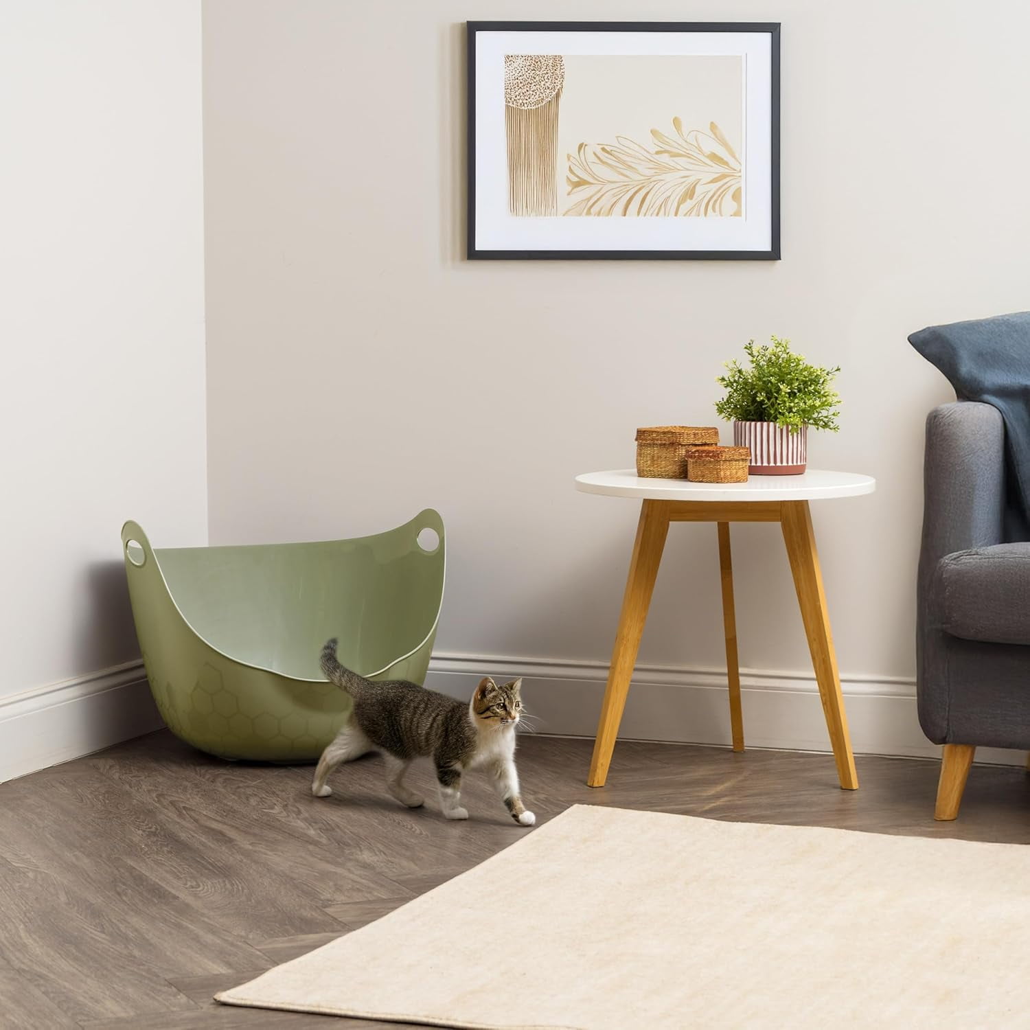 IRIS Cat Litter Box with High Walls and Handles, Made with Flexible Plastic, Sage Green