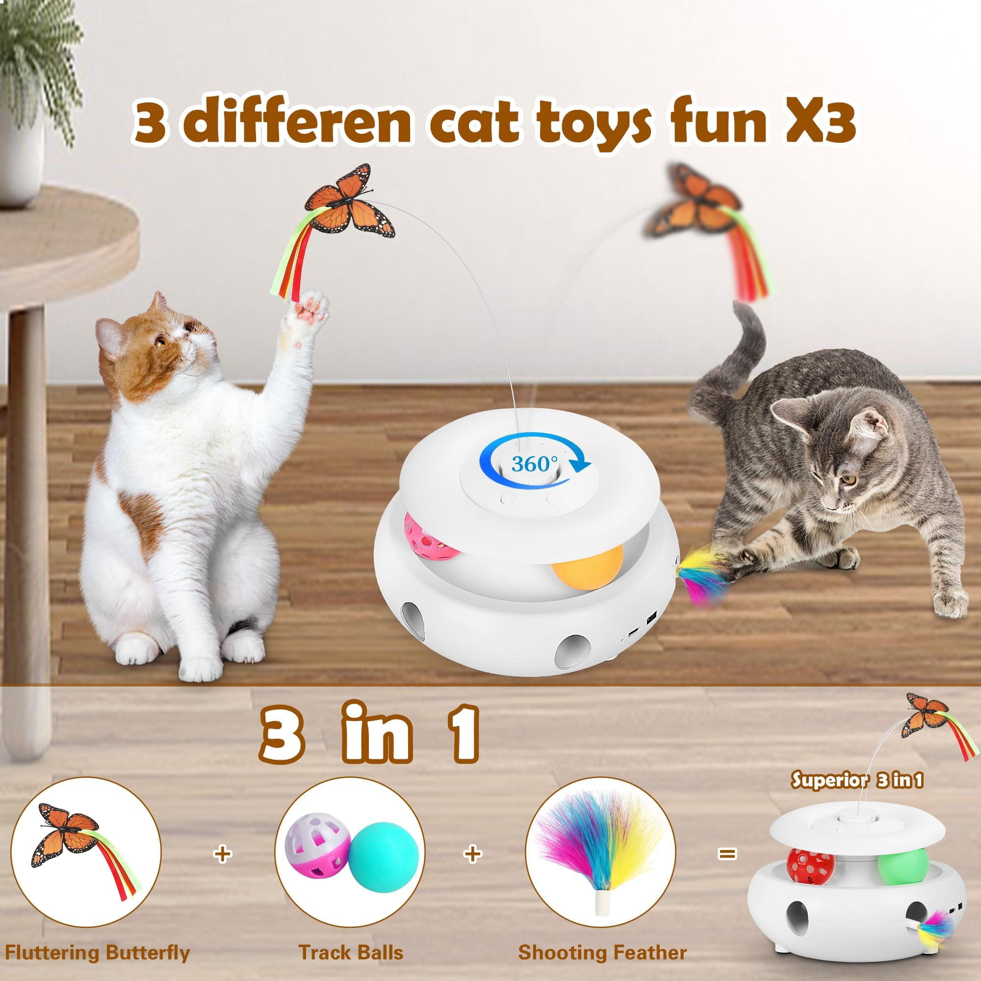 Cat Toys  3-in-1 Interactive For Indoor Cats Rechargeable Automatic Kitten With Fluttering Butterfly Moving Smart Sensor 6 Holes Whack-a-mole & Track Balls (white)