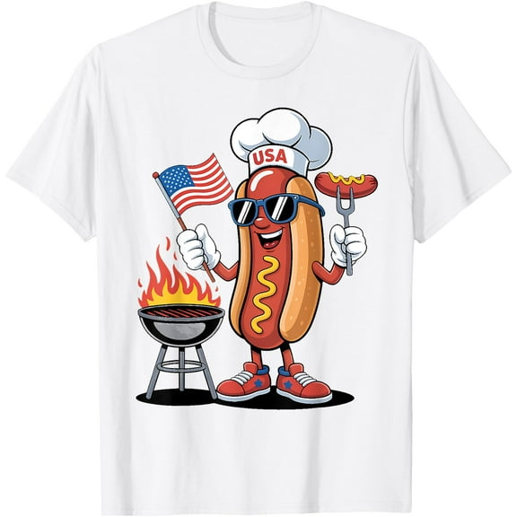 Hot Dog 4th of July Funny Patriotic BBQ Hot Dog USA Flag T-Shirt , White