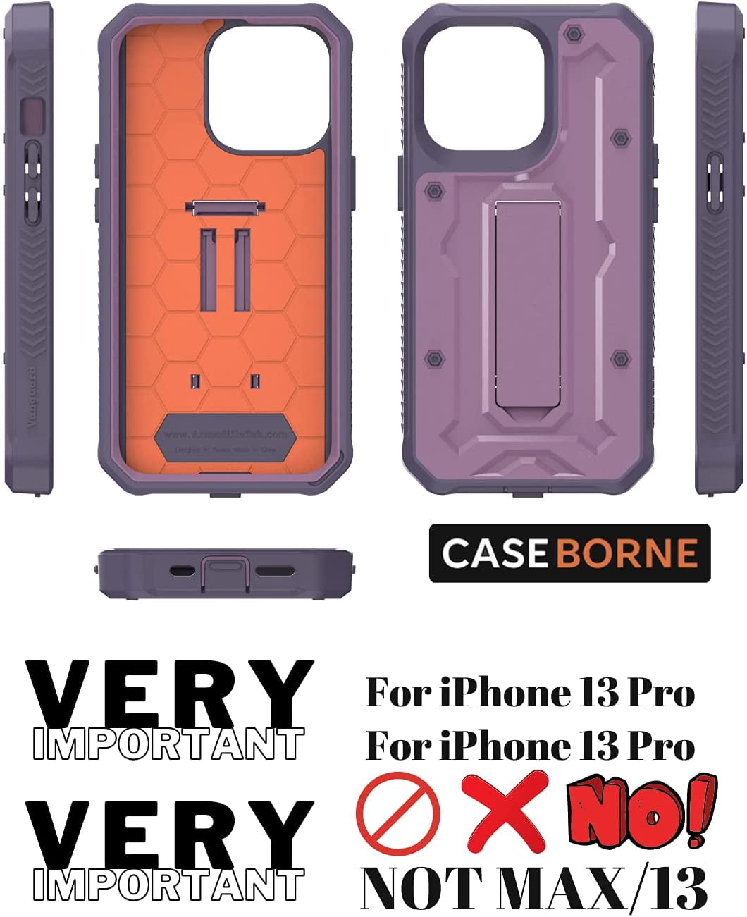 CaseBorne ArmadilloTek V Case for [iPhone 13 Pro] with Built-in Screen Protector & Kickstand Full-Body Multi-Layer Rugged - Purple