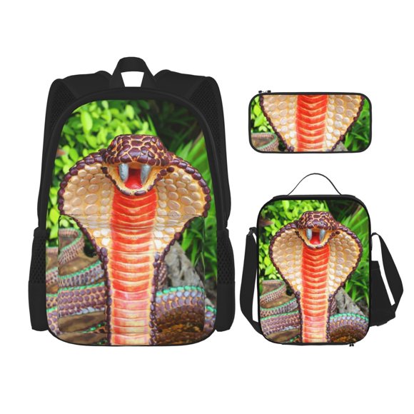 Lsque Cobra Snake Pattern School Bag Set -Backpack with Pencil Case and Lunch Bag,3-in-1 School Bag,Kids Backpack Set for Boys and Girls