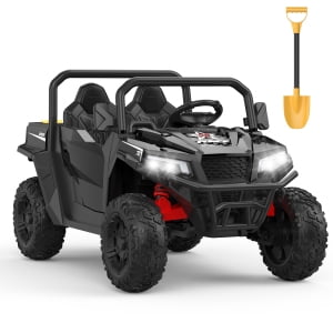 24V 4WD Electric Ride On Dump Truck with Remote Control, 2-Seater Kids Ride On Car for Ages 3+, All-Terrain Toy Truck w/Dump Bed, Bluetooth & LED Lights, Birthday Gift
