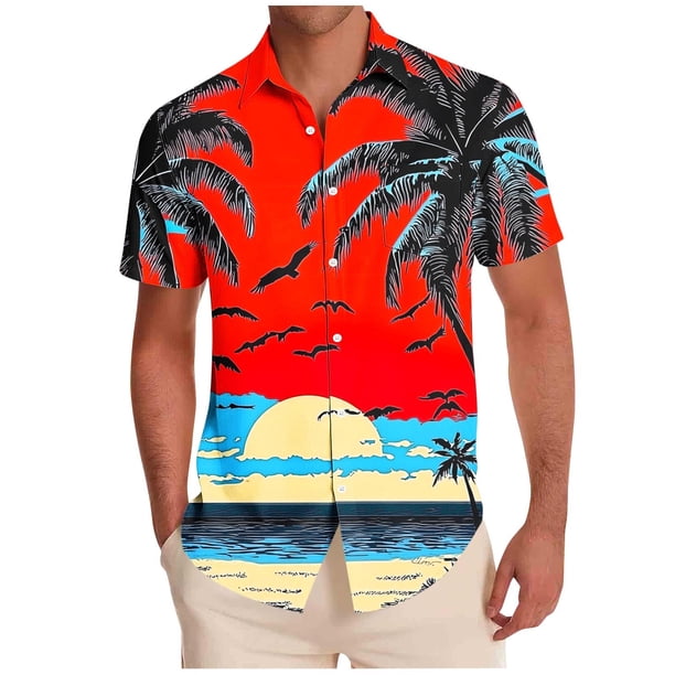 Mens Casual Manga Corta Botón Abajo Camisas Impresas Botón de Bolsillo Turndown Collar Blusa para Verano Al Aire Libre Casual Diario