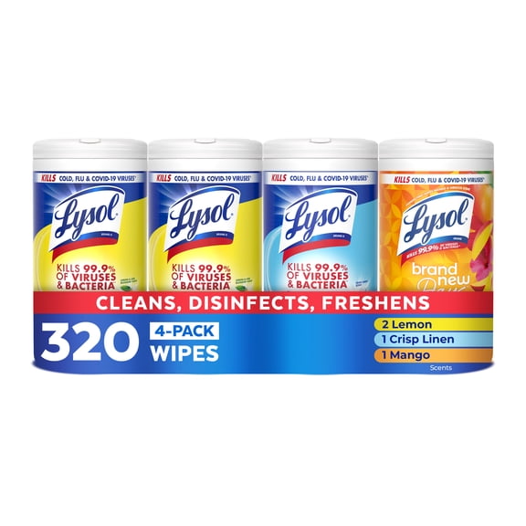 Lysol Disinfecting Wipes Multi Surface Cleaner, 80 Count Each, Pack of 4, Lemon & Mango Scent