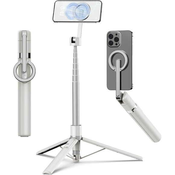 TONEOF 173cm Magnético Tripie para Celular,Selfie Stick Portátil con Control Remoto Recargable,Soporte para Celular con Anillo de Metal,Trípode Giratorio de 360° Fit with iPhone/Android(Beige Gris)