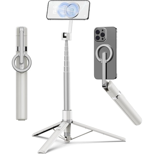 TONEOF 173cm Magnético Tripie para Celular,Selfie Stick Portátil con Control Remoto Recargable,Soporte para Celular con Anillo de Metal,Trípode Giratorio de 360° Fit with iPhone/Android(Beige Gris)