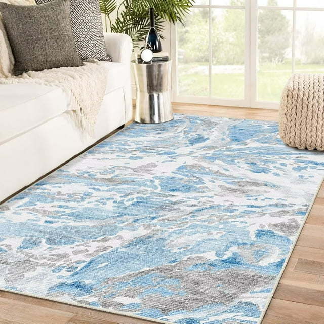 DEXDE 5x7 Area Rug for Living Room Bedroom, Washable Modern Abstract Non Slip Large Soft Rugs Low Pile Floor Carpet for Dining Room Bedroom Kitchen Office Nursery Playroom, Blue