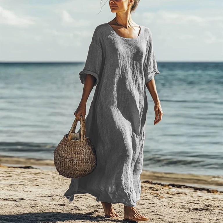 cotton long beach dress Elegant Boho Long Loose Cotton Beach Dress Green / XL