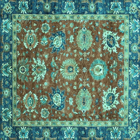 Ahgly Company Machine Washable Indoor Square Oriental Turquoise Blue Traditional Area Rugs, 5' Square