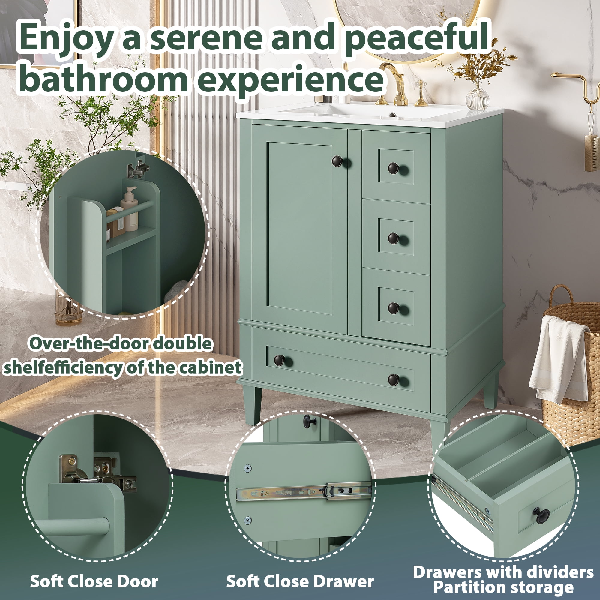 Euroco 24-inch light green bathroom vanity with an integrated ceramic basin, featuring a door-mounted double-layer shelf, soft-close drawers, and a soft-close cabinet door