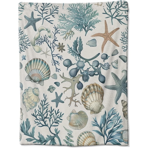 Marine Treasures Flannel Blanket: Inch Seashell and Starfish Design with Coral and Seaweed on a Light Background Perfect for Adding a Coastal Touch to Your Cozy Space 50"x60"