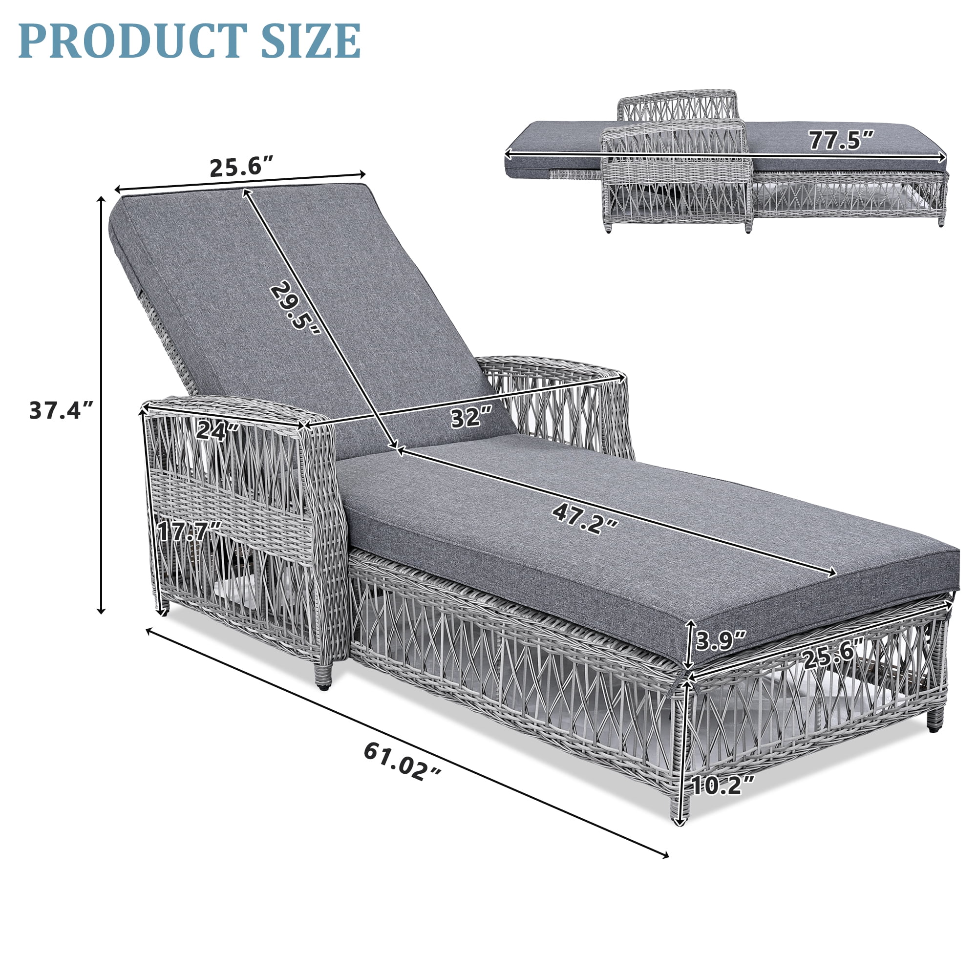 Euroco Outdoor Long Reclining Chaise, Wicker Lounge with Armrests, Patio Adjustable Recliner with Soft Removable Cushions, All Weather Rattan Pool Lounge