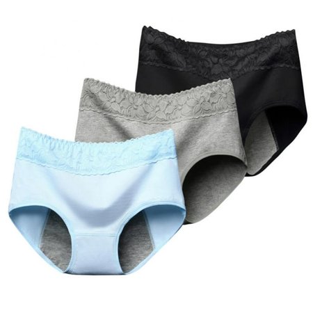 HESHENG 3pcs Women Lace Panties Breathable Cotton Mid-waist Briefs, Menstrual Period Panties Full Coverage Briefs