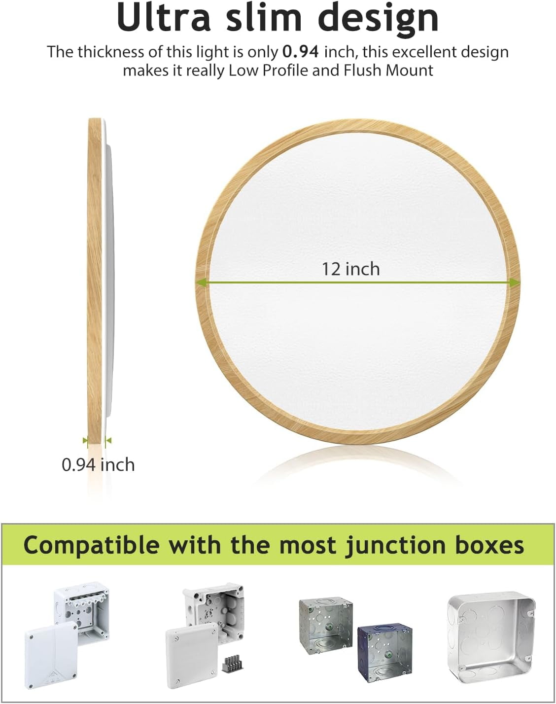 RGHJAR-1PACK Flush Mount LED Ceiling Light Fixture Wooden, 12Inch 28Watt, Dimmable & 3000K-4500K-6000K 3 Color Selectable Ceiling Lamp 3200LM Low Profile Ceiling Light for Kitchen Bedroom Hallway Por