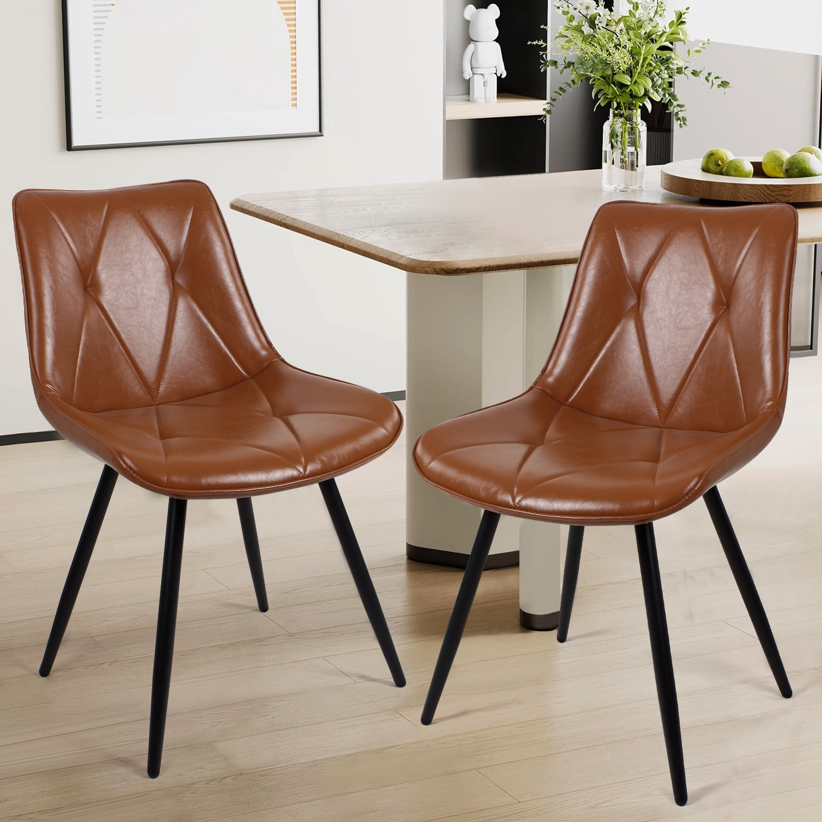 Set of 2 Brown Faux Leather Dining Chairs, Ergonomic Backrest with Thick Foam Cushion, Metal Legs & FSC Frame, Waterproof Easy-Clean PU Leather, Support 300 lbs