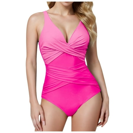 Pesawato Tummy Control Swimsuits for Women One Piece Bathing Suit Retro Ruched Push Up Vintage Padded Swimwear (Pink  M)