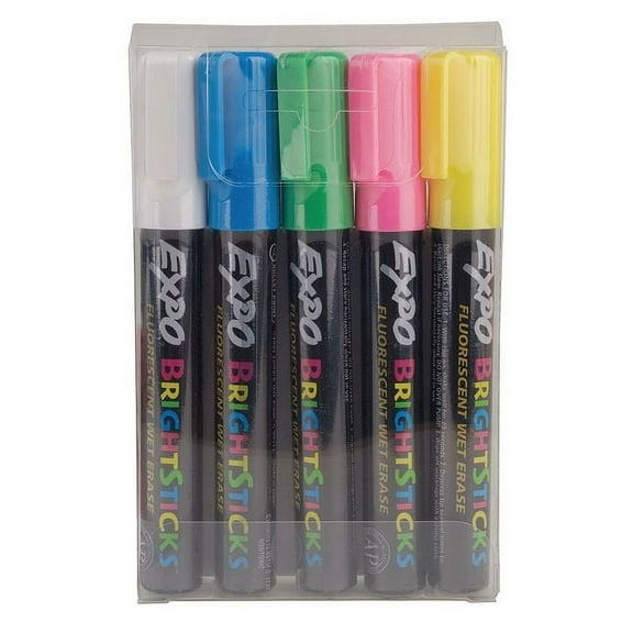 1 PK Expo Blue, Bright Green, Bright Pink, Bright Yellow, White Wet Erase Markers, Chisel Tip, 5 PK