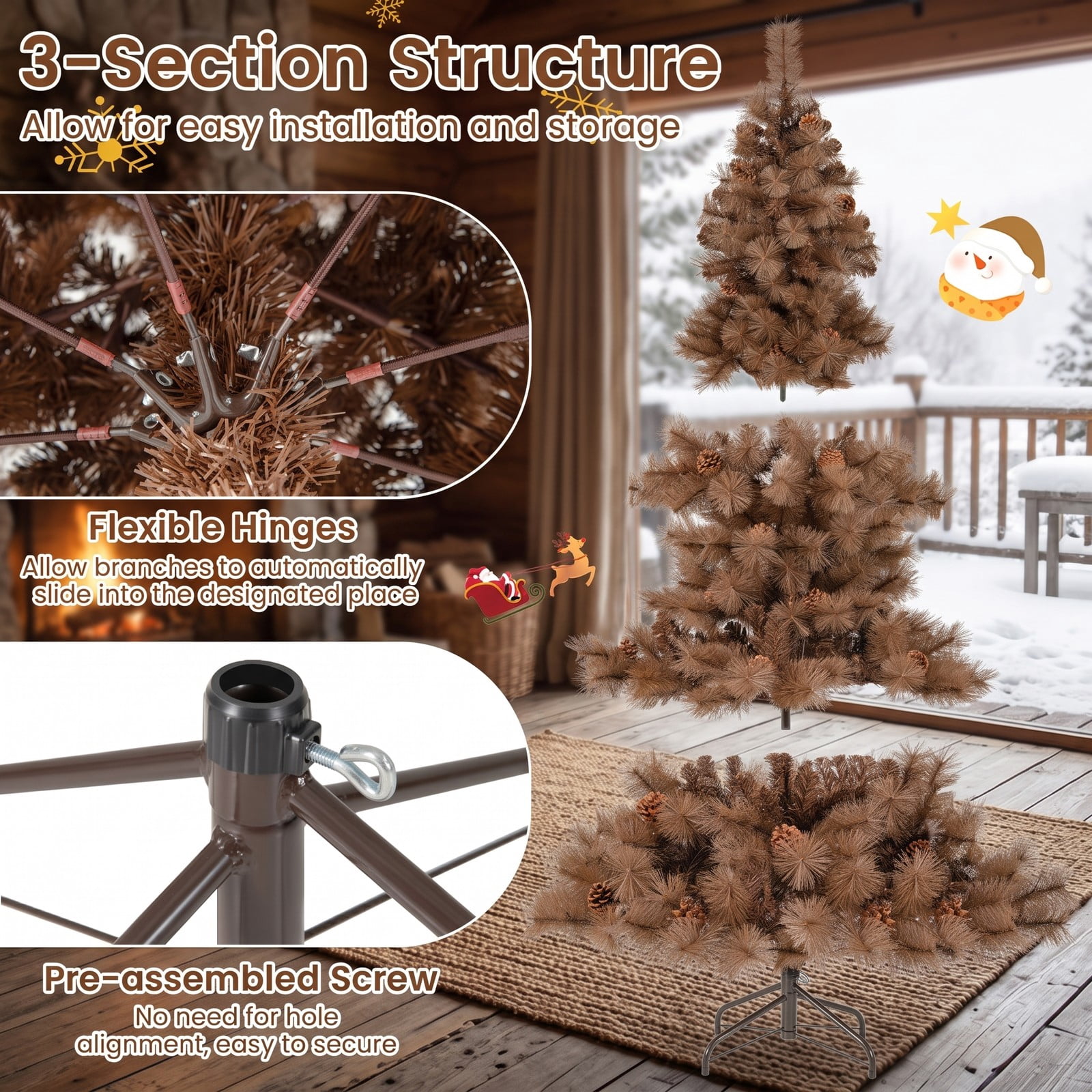 RUIE 6 Ft Artificial Christmas Tree with 493 Branch Tips and 200 Warm White LED Lights, Pre-Lit Hinged Pine Xmas Tree with Metal Stand for Home Office, Chocolate Brown