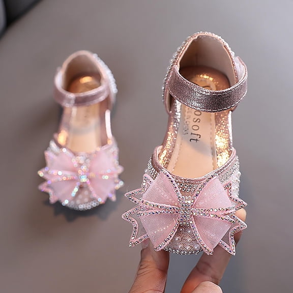 XIMIN Kid Girls Bowknot Performance Dance Shoes Gymnastic Slides Soft Sole Dress Sandals Pearl Rhinestones Shining Kids Princess Shoes for Easter