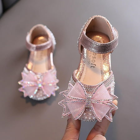 Dyfzdhu Girls Sandals Children Bowknot Pearl Rhinestones Dance Shiny Princess Shoes  Size 32