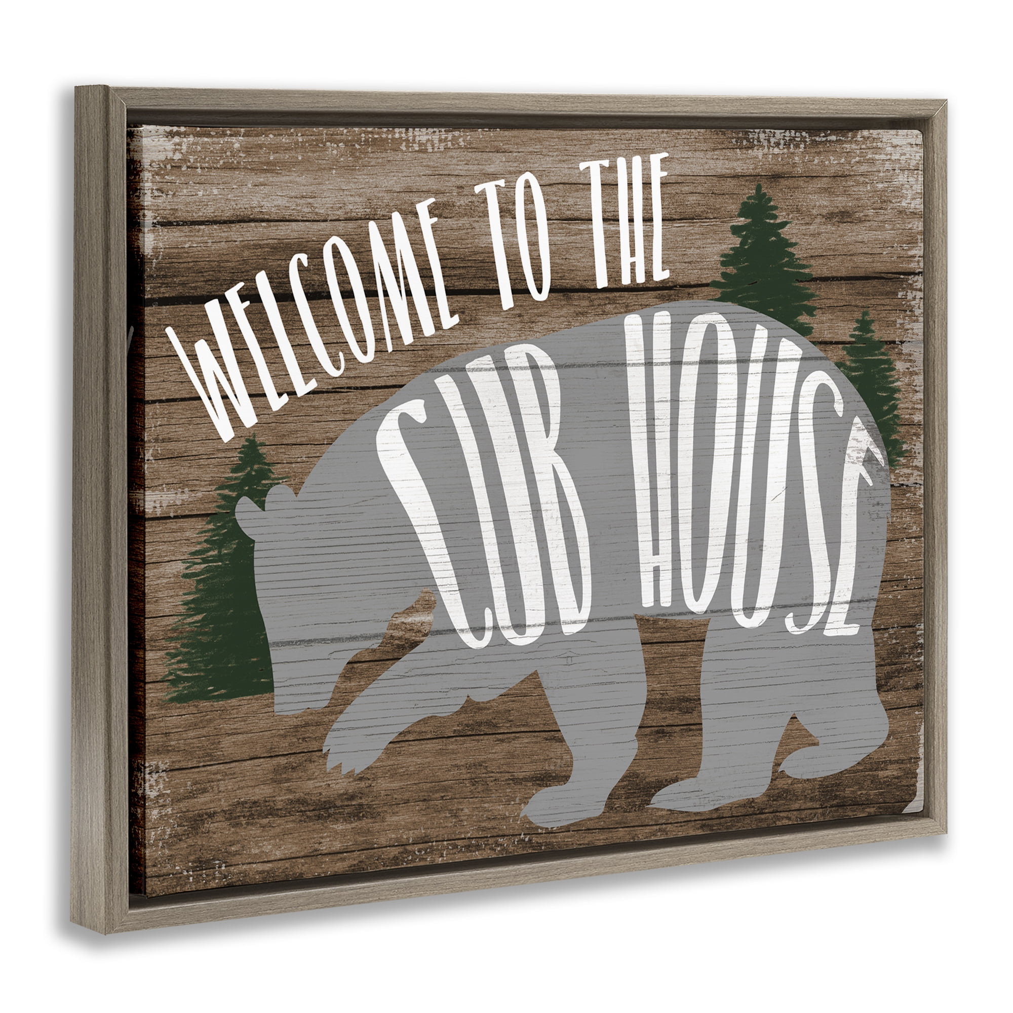 Stupell Industries Welcome Cub House Text & Numbers Painting Brown Floater Framed Canvas Art Print Wall Art, 21 x 17
