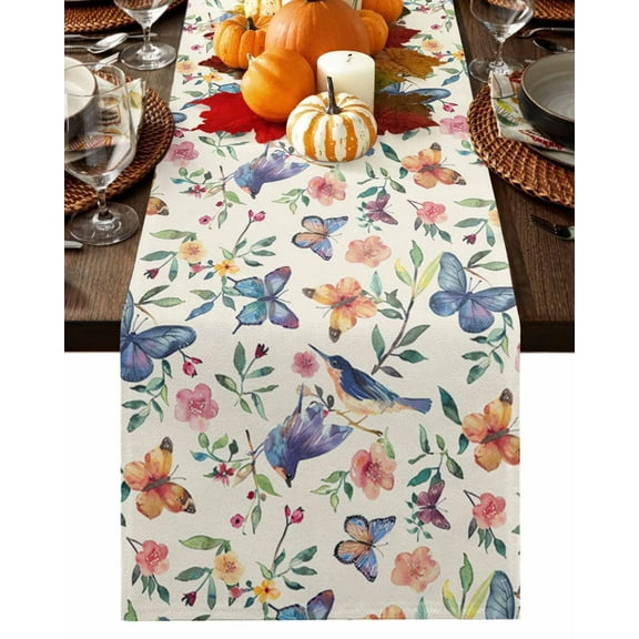 Fall Floral Birds Table Runner-Cotton Linen- 120 Inch Holiday Dresser Scarves, Buffterfly Autumn Aesthetic;Leaves Plant Tablerunner for Kitchen Coffee/Dining Living Room Dinner Scarf Décor 13x120