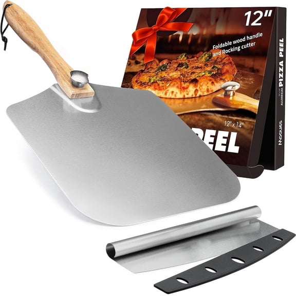 ACMETOP Pizza Peel 12 inch, Aluminum Metal Pizza Paddle Spatula with Foldable Wood Handle Rocker Cutter, Pizza Oven Accessories for Baking Homemade Pizza Bread