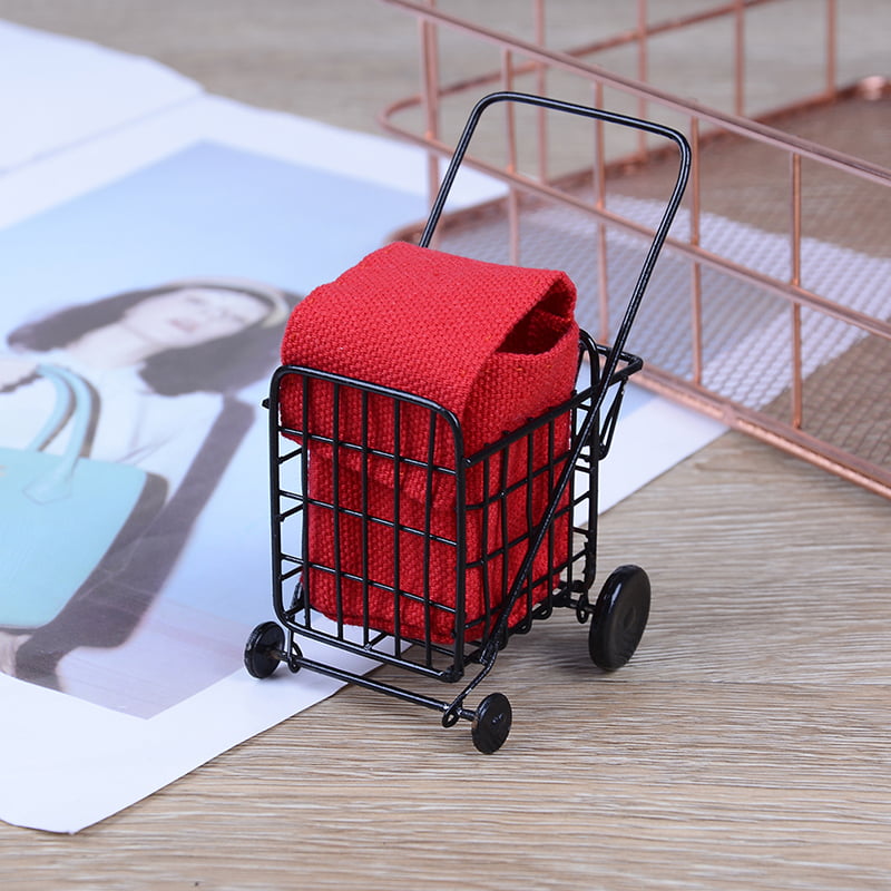 Dollhouse Miniature Black Metal Grocery Cart with Red Fabric Bag 1:12 Scale 