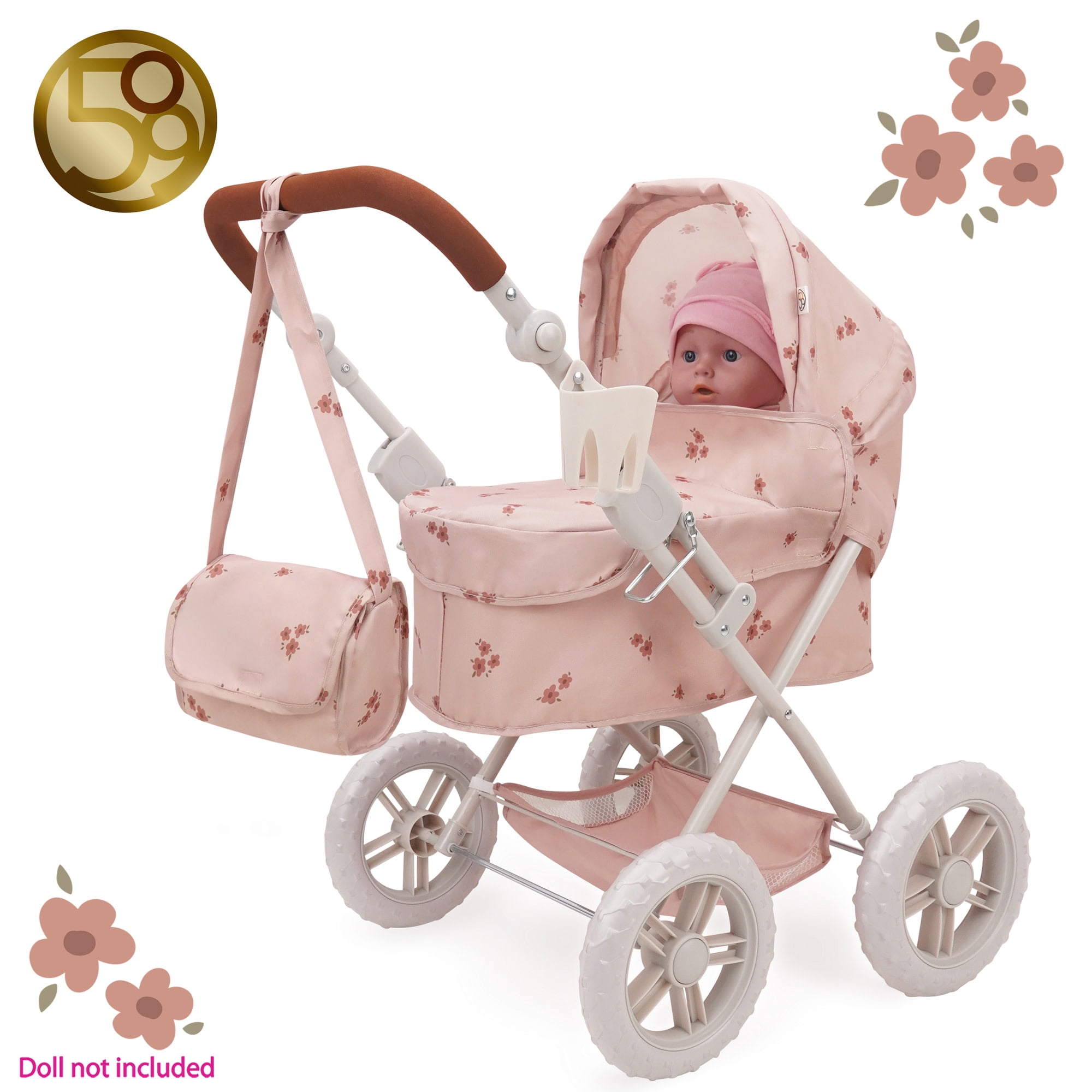 509 Crew: Ballet Flora - Deluxe Amanda Doll Pram - Soft Pink & Flowers, Handbag, Sun Canopy, Adjustable Handle, Foldable, Doll Accessory Toy, Kids 3+