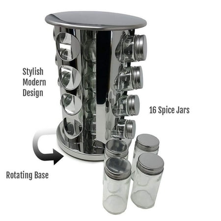 Award Winning Modern Luxury Design Space-Saving Stainless Steel Rotating Spice & Herb Rack Carousel Organizer with 16 Glass Bottles for Pantry and Countertop