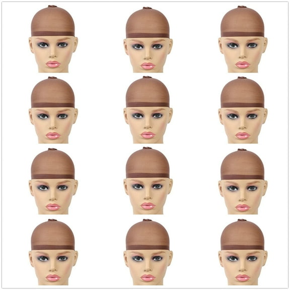 12 Pack Free Size Stocking Wig Caps Stretchy Nylon Close End Wig Caps for Women and Men (Dark Brown)