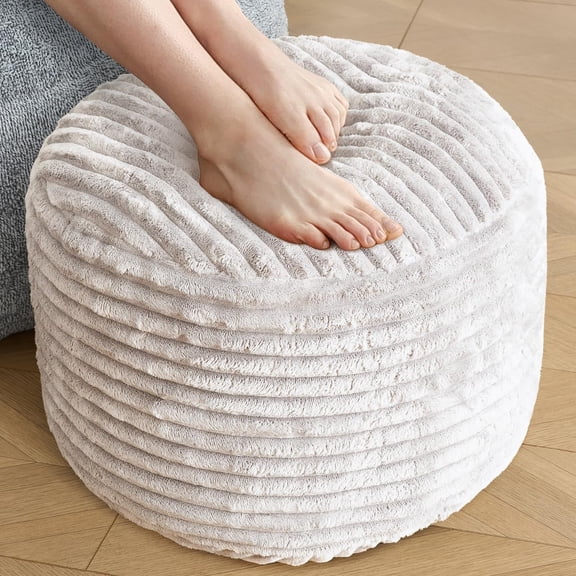 20 X 15 Inch Beige Corduroy Round Storage Ottoman Pouf Foot Rest, Memory Foam Filling Floor Footstool for Living Room Couch, Footrest Only