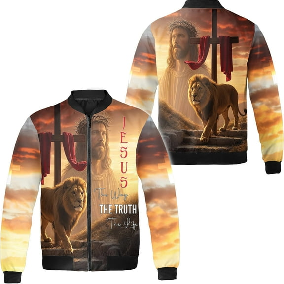 Lotusprinthandmade Jesus and Lion All-over Print Bomber Jacket S-5XL Multicolor (S), Christian-Themed Bomber Jacket, Faith-Inspired Jesus Design Jacket