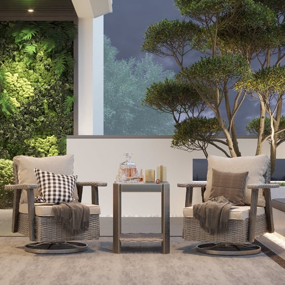 MeetLeisure Outdoor Wicker Swivel Rocker Chairs Sets of 2 and Side Table, Beige