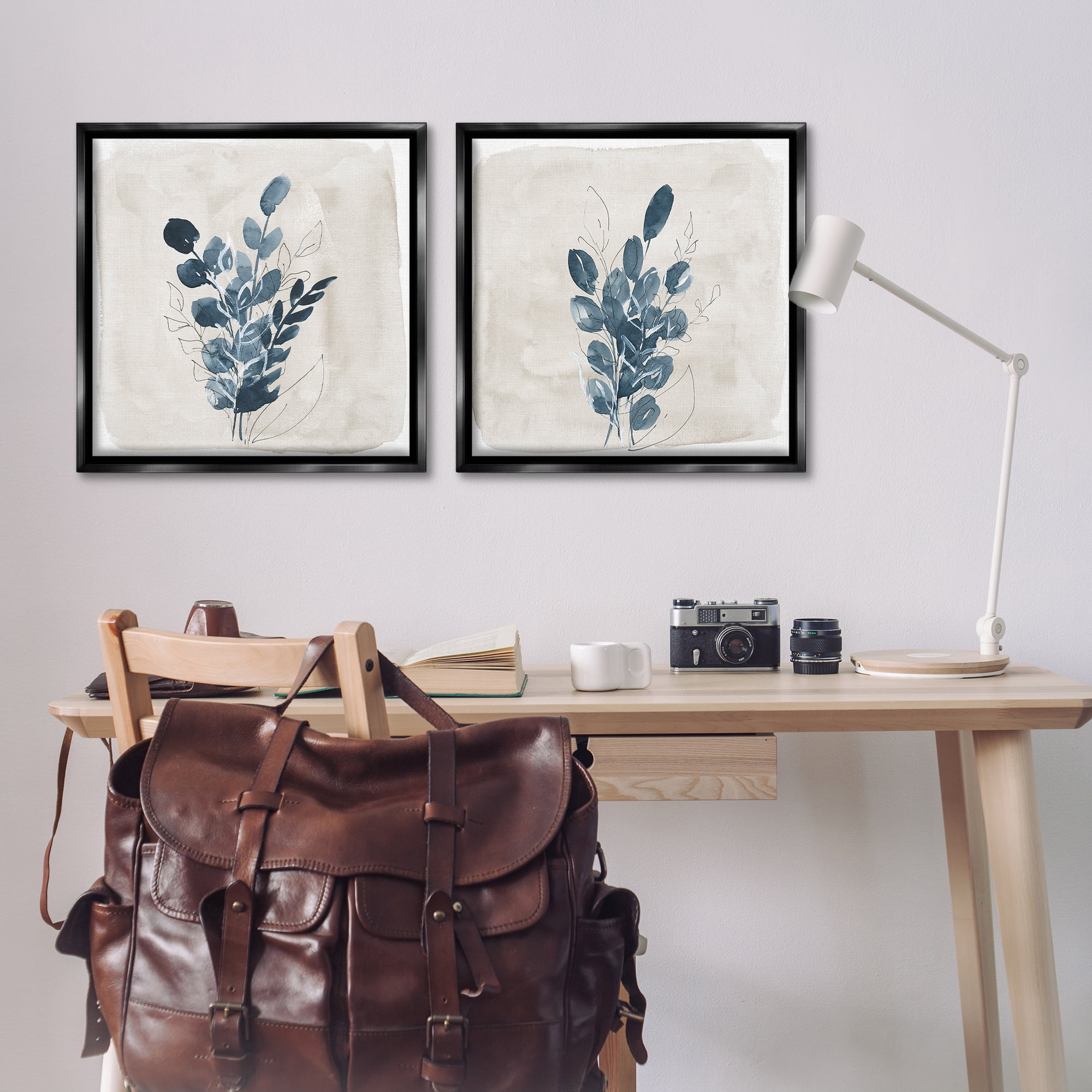 Stupell Industries Blue Summer Leaves Plants & Flowers Painting Black Floater Framed Canvas Art Print Wall Art, 25 x 25, Set of 2