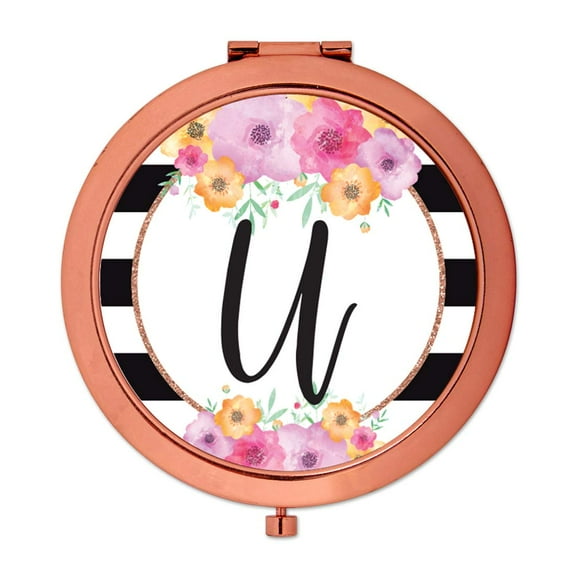 Koyal Wholesale Compact Mirror Bridesmaid's Wedding Gift, Rose Gold, Monogram Letter U, Modern Black White Stripes