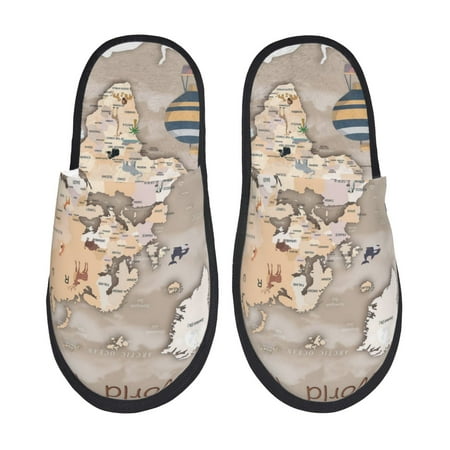 

Yiaed World Map With Animals Print Unisex House Slippers Slip on Warm Shoes Indoor Outdoor with Anti-slip sole-Large