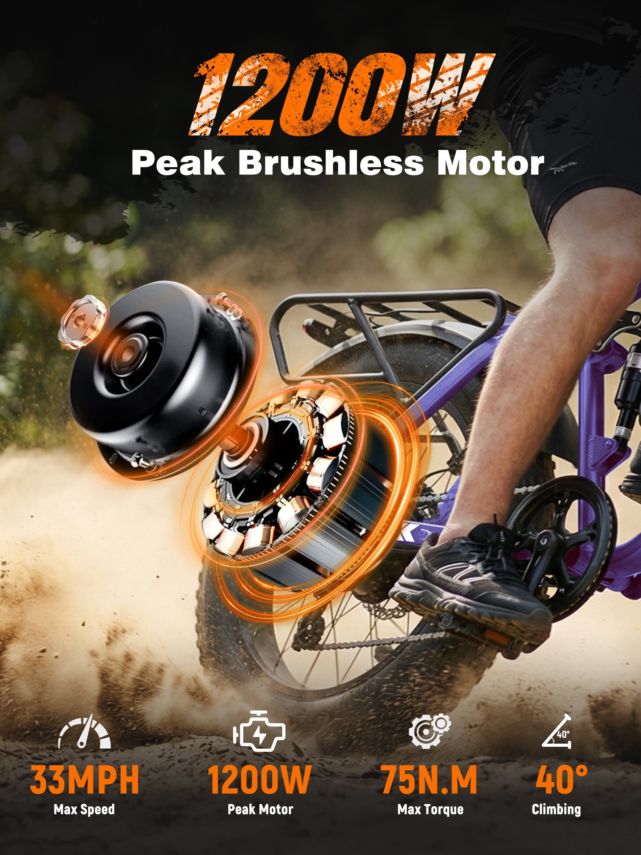 ESKUTE M300F Full Suspension Electric Bike, 20" Fat Tire Ebike, 48V 20.8Ah Removable Battery, 1200W Peak Motor, 7-Speed, Up to 80 Miles, Purple with Phonebag & Lock, UL2849