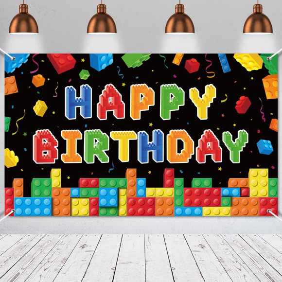 Telón de fondo de fiesta con forma de bloque de construcción para cumpleaños, 185 x 110 cm