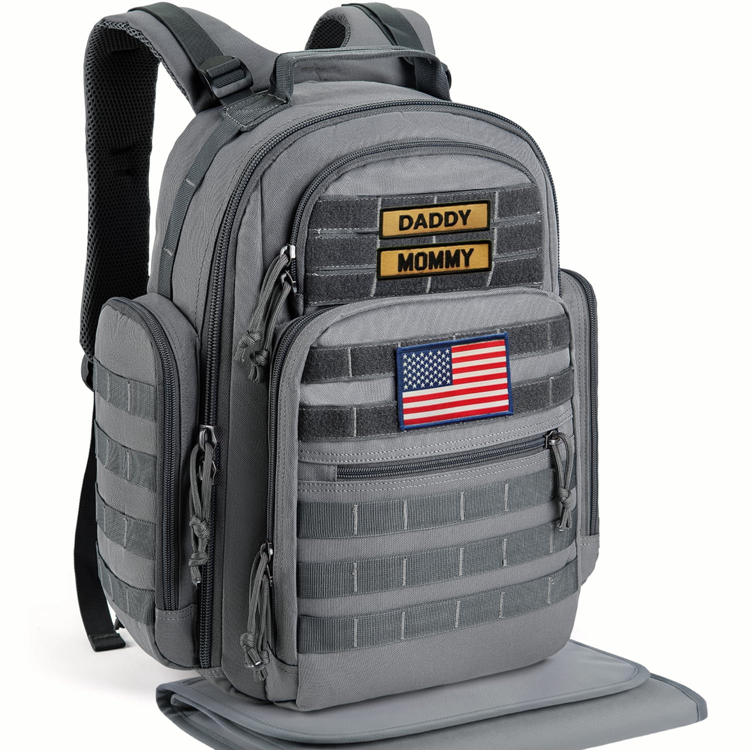 SHARKMOUTH Diaper Bag with Changing Pad - Large Military Baby Diaper Backpack for Hiking Travel Camping - Army Style for Men Active Dad Gray