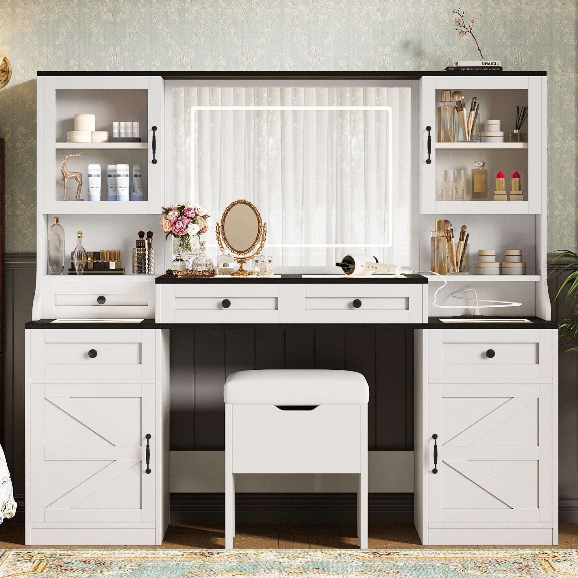 Yoneston 61.5" Farmhouse Vanity Desk Set with Mirror and LED Lights, Glass Top Vanity Table with Chair, Charging Station and 5 Drawers Cabinets, White
