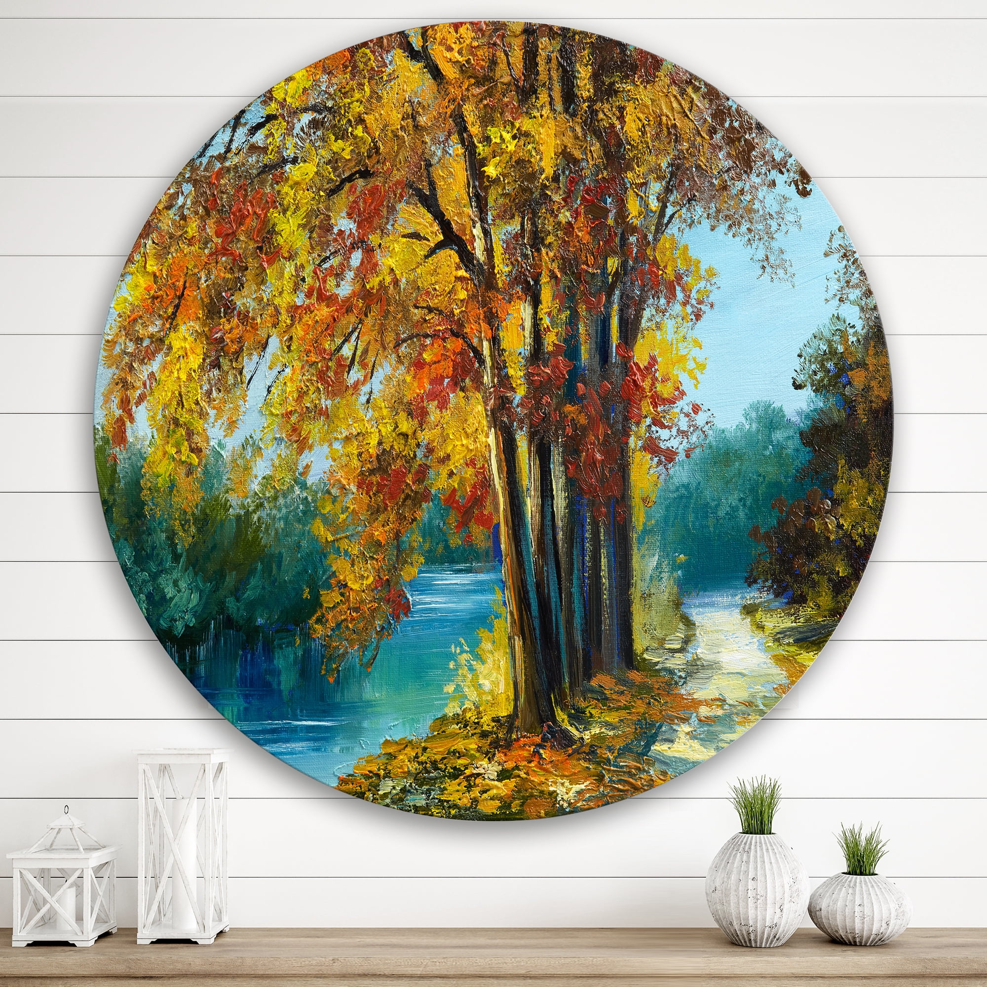 Designart 'Abstract Trees In Warm Autumn Colors By Bright Blue River' Traditional Circle Metal Wall Art 29x29 - Disc of 29