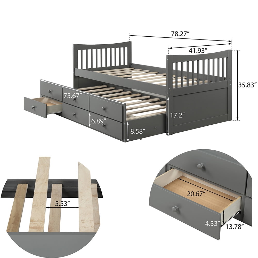 Twin Size Beds with Trundle and 3 Storage Drawers, Gray Twin Size Beds with Trundle and 3 Storage Drawers, Gray